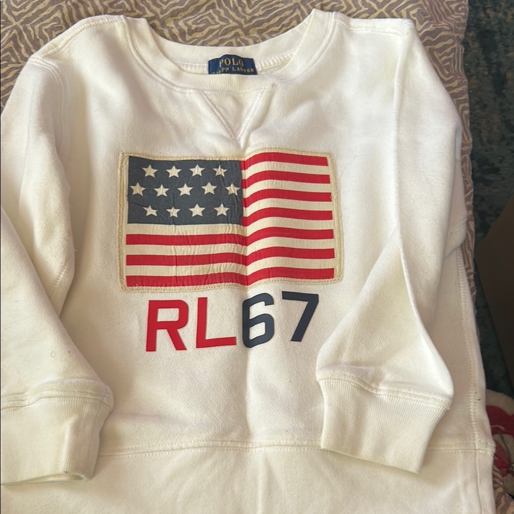 Boys Polo by Ralph Lauren White and Red Flag Sweatshirt